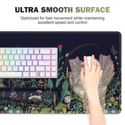 ToLuLu Desk Mat, XXL Large Mouse Pad Wrist Support Set，4 in1 Gaming Mousepad Desk Pad+ Ergonomic Mouse Pad with Wrist Rest + Keyboard Wrist Rest+Coaster for Home Office Computer Table, Weeds Plants