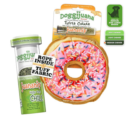 Doggijuana Doggi Duo Refillable Juananip Toy Bundle | Pink Donut & Juananip | Funny Dog Toy Plush with Catnip and Refill | Interactive Chew for Play