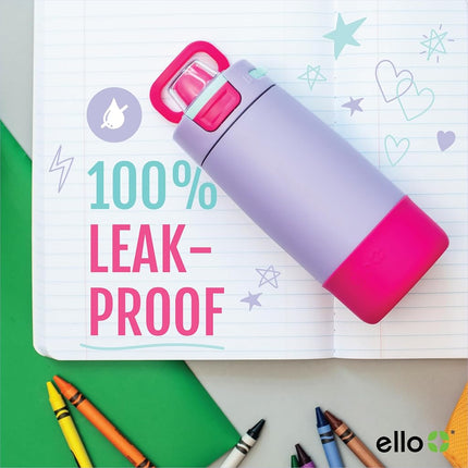 Ello Kids Colby 12oz Stainless Steel Insulated Water Bottle with Straw and Built-in Silicone Coaster Carrying Handle and Leak-Proof Locking Lid for School Backpack, Lunchbox, and Outdoor Sports, Teal