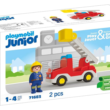 PLAYMOBIL 71683 JUNIOR: Ladder Unit Fire Truck, with extendable ladder and firefighter, sustainable toy made from plant-based plastics, gifting toy, play sets suitable for children ages 1+