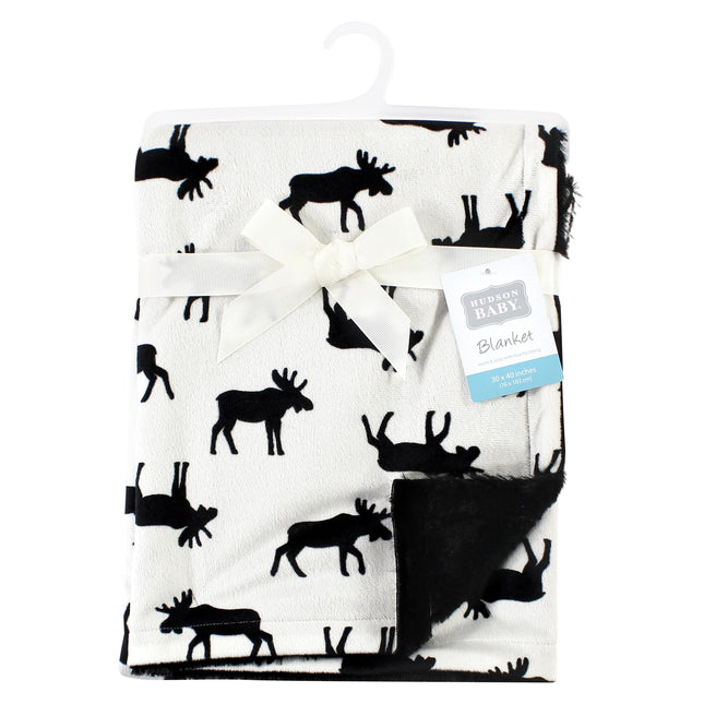 Hudson Baby Unisex Baby Plush Blanket with Furry Binding and Back, Moose, One Size
