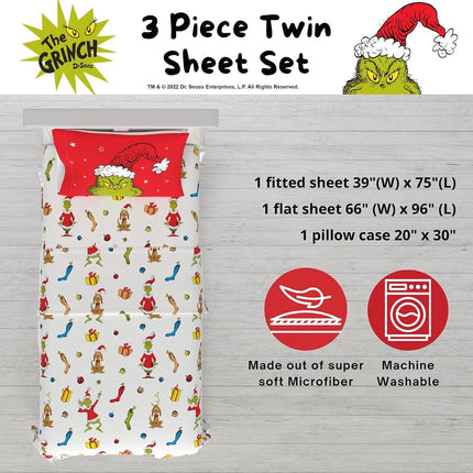 Franco Collectibles Dr. Seuss The Grinch Parure de lit de Noël super douce en microfibre 3 pièces pour lit jumeau (produit sous licence officielle)