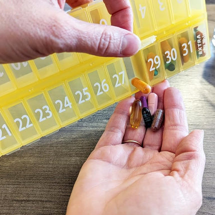 AM PM 31 Day Once-a Day Monthly Pill Planner Organizers - Large Compartment Pill Boxes Store Medications for Entire Month Plus Compartment for Extra Pills (AM/PM) (Am/Pm Yellow & Purple)