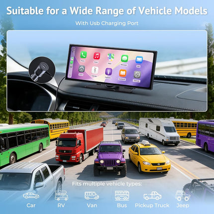 Wonsidary 11.26" Portable CarPlay Screen Compatible with Wireless Apple CarPlay & Android Auto,Video Streaming,Split Screen,1080P Backup Camera,Dual Bluetooth,Voice Control,OTA,12-24V for All Vehicles