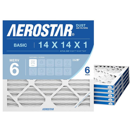 Aerostar 14x14x1 MERV 6 Pleated Air Filter, AC Furnace Air Filter, 6 Pack (Actual Size: 13 3/4"x13 3/4"x3/4")