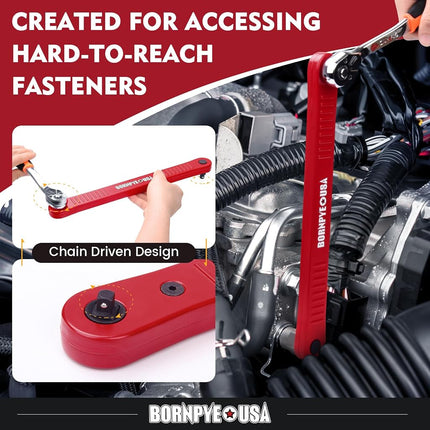 Bornpye Offset Extension Wrench Set, Impact Ready Socket Wrench Extender Tool with Versatile 1/4", 3/8", and 1/2" Square Drive Adapters (Red)