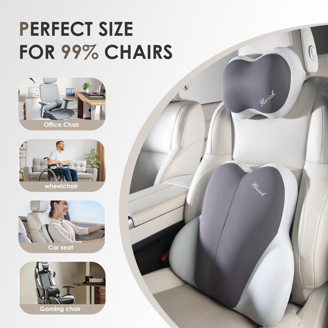FLORICH Soporte lumbar con reposacabezas de coche, almohada para sillas, almohada reposacabezas para coche, almohada ergonómica de espuma viscoelástica ultragruesa para silla de oficina (gris beige)