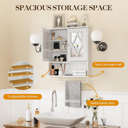 May in Color Bathroom Medicine Cabinet with Mirror, Vanity Wall Mounted Storage Cabinet with Adjustable Shelves and Towel Bar, Hanging Wall Cabinet for Bathroom, Laundry, Living Room, White