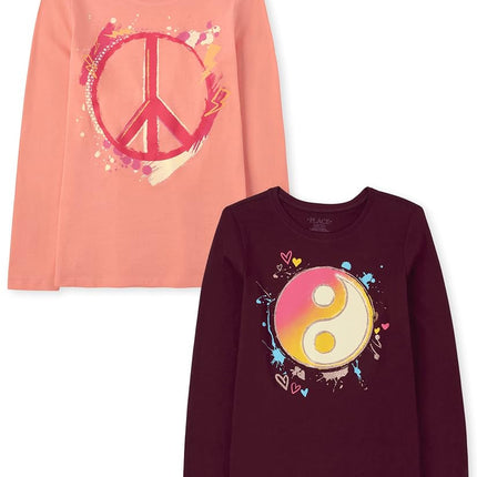 Camiseta gráfica de manga larga de The Children's Place para niñas, paquete de 3, Yin Yan/Signo de la Paz, XXG