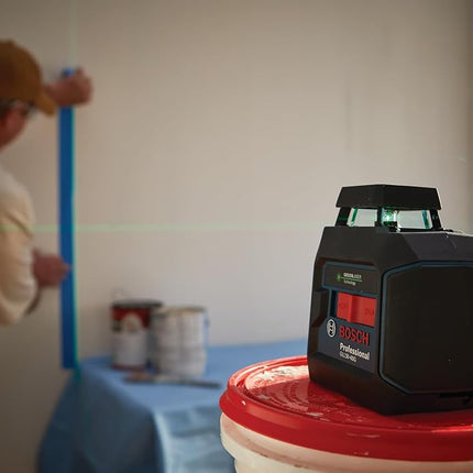 BOSCH GLL50-40G Green-Beam Self-Leveling 360 Degree Cross-Line Laser, Includes 4 AA Batteries, L-Bracket, Ceiling Clip, & Hard Carrying Case