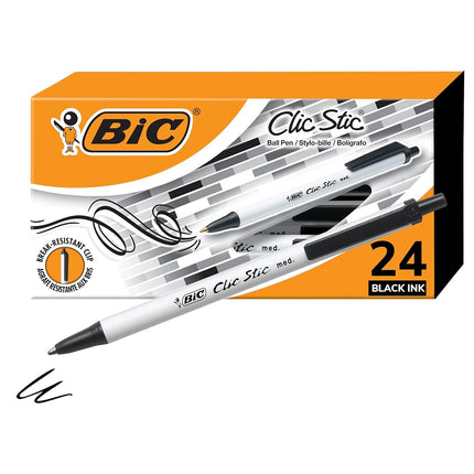 Bic Clic Stic Black Retractable Ballpoint Pens, Medium Point (1.0mm), 24-Count Pack, Round Barrel Design for Comfortable Writing
