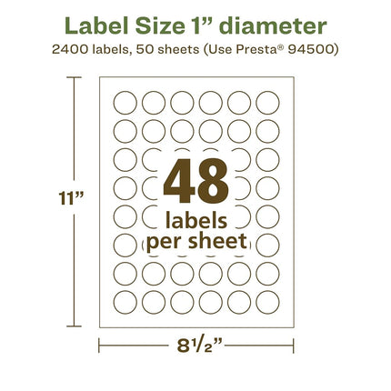 Avery EcoFriendly Matte White Recycled Round Labels, 1" Diameter, Print-to-The-Edge, Matte White Labels, Permanent Label Adhesive, Laser/Inkjet, 2,400 Printable Labels