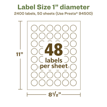 Avery EcoFriendly Matte White Recycled Round Labels, 1" Diameter, Print-to-The-Edge, Matte White Labels, Permanent Label Adhesive, Laser/Inkjet, 2,400 Printable Labels