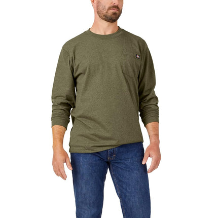 Camiseta de trabajo de cuello redondo de manga larga Dickies para hombre, peso pesado, verde militar teñido individual, XXL