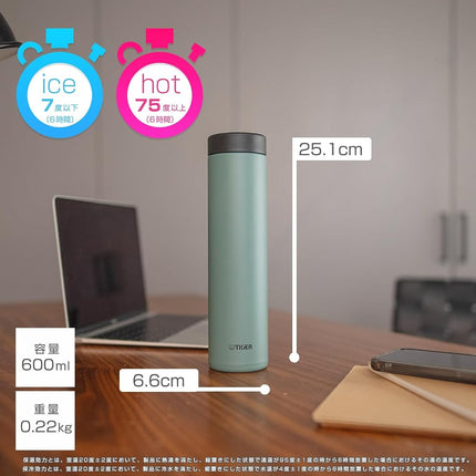 Tiger Thermos MMZ-W060GW Water Bottle, 20.3 fl oz (600 ml), Screw Mug, Stainless Steel Bottle, Cold Retention, Lightweight, Smooth Mouth, Easy to Clean, BPA Free, Sage Green