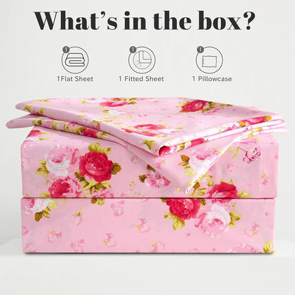 Bedlifes Rose Floral Sheet Set Luxury Ultra Soft Wrinkle-Free Hypoallergenic Pattern Printed Bed Sheets Deep Pocket Flat Sheet& Fitted Sheet& Pillowcase 100% Microfiber 3 Piece Twin Pink Flowers