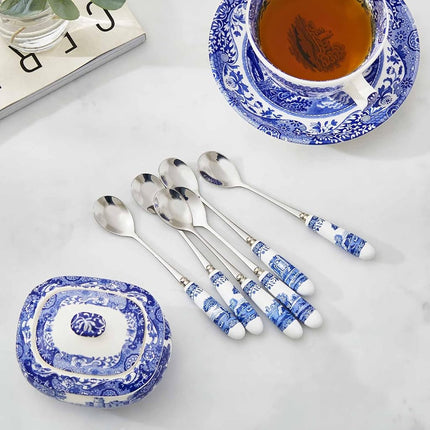 Spode x Blue Italian Set of 6 Tea Spoons - White & Blue Teaspoons, Stainless Steel with Porcelain Handles, Suitable for Tea, Coffee, or Dessert, Stylish and Gift-Ready, 15cm