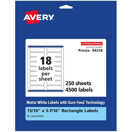 Avery Matte White Rectangle Labels with Sure Feed, 15/16" x 3-7/16", 4,500 Matte White Printable Labels