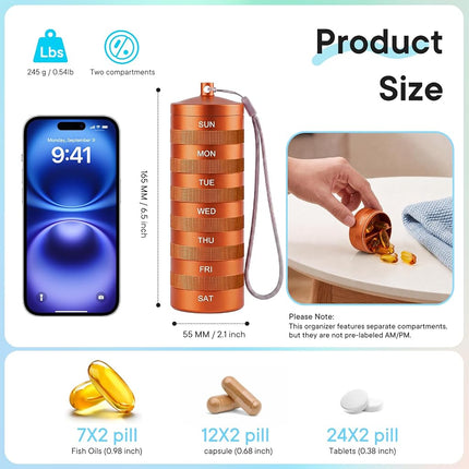 Weekly Metal Pill Organizer 2 Times a Day, Waterproof Travel Pill Case