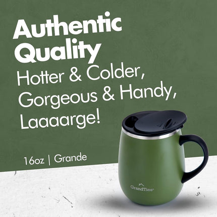 GrandTies Insulated Coffee Mug with Handle - Sliding Lid for Splash-Proof 16 oz Wine-Glass Shape Thermal Tumbler with Double Walled Vacuum Stainless Steel to Keeps Beverages Hot or Cold (Olive Green)