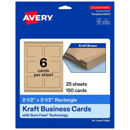 Avery Printable Rectangle Business Cards with Sure Feed Technology, 2.5" x 3.5", Kraft Brown Cardstock, Print-to-the-Edge, Laser/Inkjet Cards, 150 Total