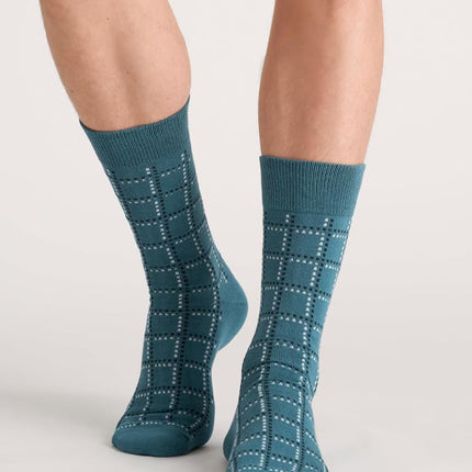 Ted Baker Men's 3 Pack Pattern Crew Dress Socks, Lt Denim Heather/Navy/Real Teal, One Size