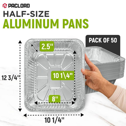 Paclord Aluminum Foil Pans - Half-Size 9" x 13", Pack of 50 - USA-Made Disposable Aluminum Trays for Steam Table & Chafing Racks - Great for Baking, Catering, BBQ, Parties, Food Delivery