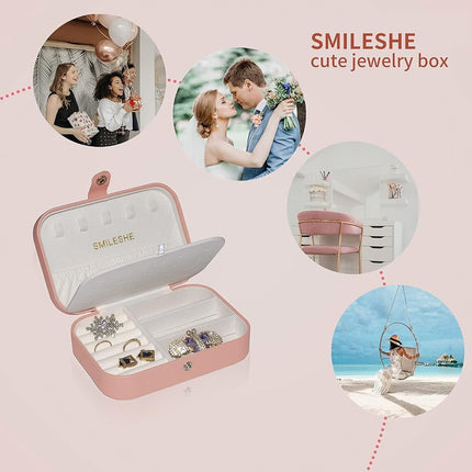 Smileshe Joyero, Estuche Pequeño Portátil de Viaje de Cuero PU, Caja Organizadora de Almacenamiento de 2 Capas para Anillos, Pendientes, Collares, Pulseras