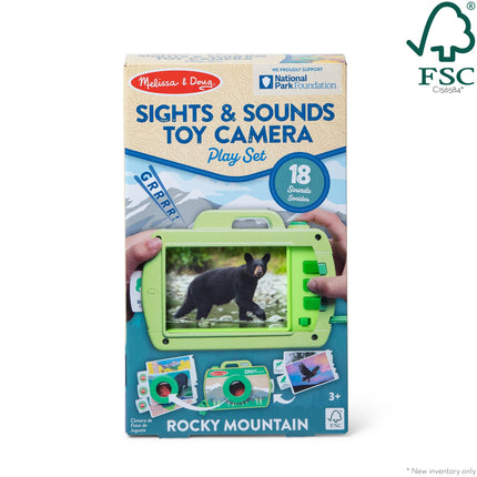 Melissa & Doug Set de juego de cámara de juguete de madera Sights and Sounds del Parque Nacional de las Montañas Rocosas - Certificado FSC