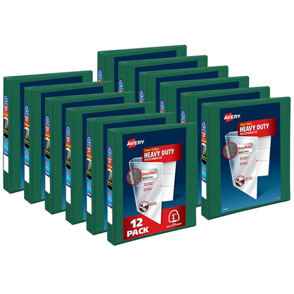 Avery Heavy-Duty View 3 Ring Binders, 1 Inch One Touch EZD Rings, 275-Sheet Capacity, 1.4 Inch Wide Spine, Customizable Clear Cover and Spine, Green Binders (12-Pack of 79107)