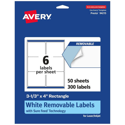 Avery Matte White Removable Rectangle Labels with Sure Feed Technology, 3-1/3" x 4", 300 Removable Labels, Laser/Inkjet Printable Labels