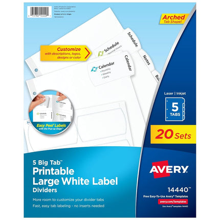 Separadores de etiquetas grandes blancas imprimibles Avery Big Tab con Easy Peel, 5 pestañas, 20 juegos (14440)