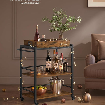 VASAGLE Industrial Bar Cart for The Home, Serving Cart with Wheels and Handle, 3-Tier Beverage Cart with Removable Tray and Storage Shelves for Living Room Kitchen, Rustic Brown and Black ULRC72X