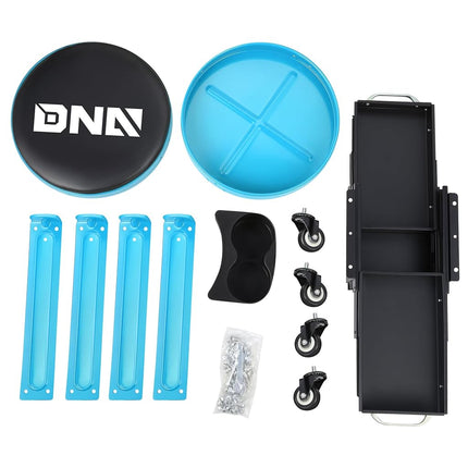 DNA MOTORING Round Mechanics Roller Seat Creeper Stool with Padded Cushion, Tool Storage Drawer & Tray, 300 Lbs Max Weight Capacity, Blue, TOOLS-00492