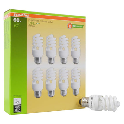 Sylvania CFL T2 Twist Light Bulb, 60W Equivalent, Efficient 13W, 850 Lumens, Medium Base, 2700K, Soft White - 8 Pack (26363)