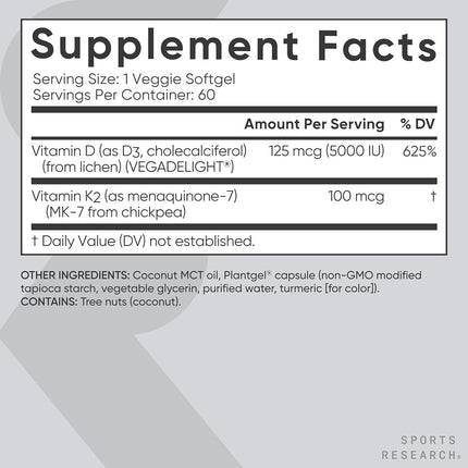 Sports Research - Vegan D3 5000iu + Vitamin K2-100mcg, 60 Veggie Softgels