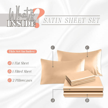 Elegant Comfort Luxurious 4-Piece Silky Satin Sheet Set, Skin and Hair Friendly, Wrinkle, Fade, Stain Resistant with Deep Pockets Fitted Sheet, Cooling Soft Satin Sheet Set, Queen, Champaign