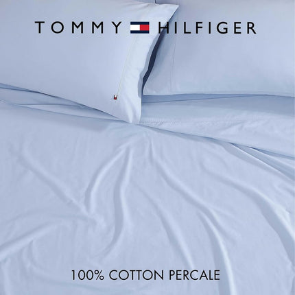 Tommy Hilfiger - Sheet Set, Cotton Percale Bedding with Matching Pillowcases, Crisp & Cool, Solid Home Essentials (Blue, Queen)