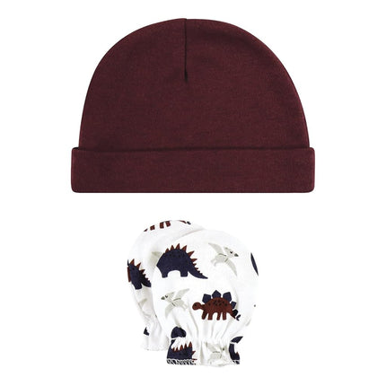 Hudson Baby unisex-baby Cotton Cap and Scratch Mitten Set, Burgundy Dino, 0-6 Months