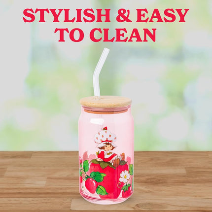 Silver Buffalo Strawberry Shortcake Vintage Glass Tumbler with Lid, 16oz