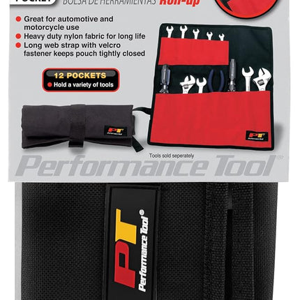 PERFORMANCE TOOL W88990 Heavy Duty Nylon 12 Pocket Tool Pouch with Velcro Fastener and Color Sleeve, Ideal for Automotive and Motorcycle Use