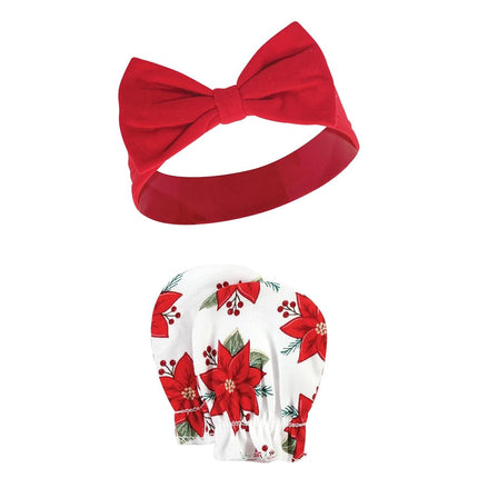 Set de diadema y manoplas de algodón para bebé unisex Hudson Baby, Flor de Pascua, 0-6 meses, Flor de Pascua, 0-6 meses