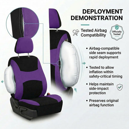FH Group Light & Breezy Cloth Car Seat Covers, 7 Seater Three Row Set- Airbag & Split Ready -Universal for Cars Trucks and SUVs (Purple/Black)