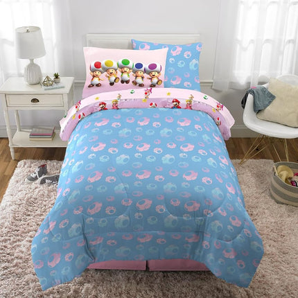 Franco Comforter and Sheet Set with Sham, Microfiber, Super Mario Girl, 5 Piece Twin Size