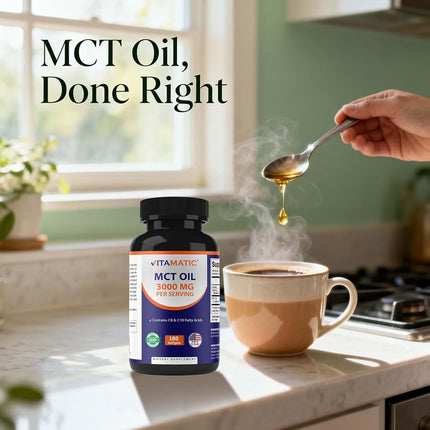 Vitamatic MCT Oil 3000 mg per Serving - 180 Softgels - From Coconut Oil - contains 55% caprylic acid C8 and 40% capric acid C10