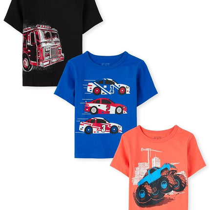 The Children's Place T-shirts graphiques à manches courtes pour bébés et tout-petits garçons, motif véhicule, lot de 3 (camion de pompiers/voitures de course/monster truck), 12-18 mois