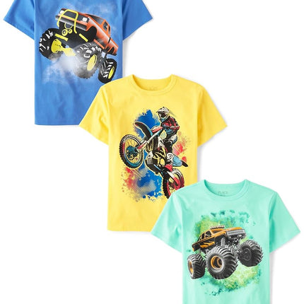 The Children's Place Boys' Vehicle Short Sleeve Graphic T-Shirts,multipacks, Monster Truck/Biker/Truck, Large