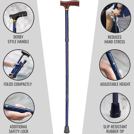 Folding Cane, Derby Handle Walking Stick, Adjustable Collapsible Foldable Walking Cane for Men and Women, Blue Cyclone