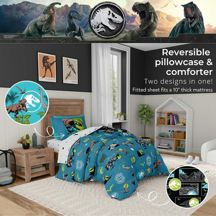 Franco Jurassic World Kids Bedding Super Soft Cozy Reversible Microfiber Comforter and Sheet Set with Sham, 5 Piece Twin Size, (Officially Licensed Product)