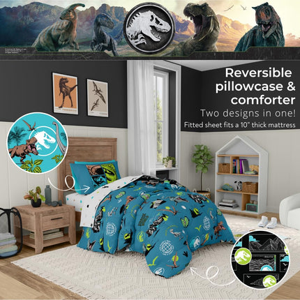 Franco Jurassic World Kids Bedding Super Soft Cozy Reversible Microfiber Comforter and Sheet Set with Sham, 5 Piece Twin Size, (Officially Licensed Product)
